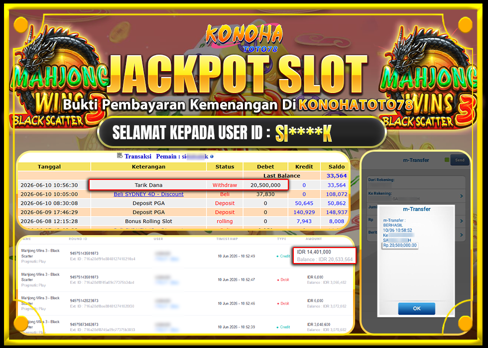 KONOHATOTO78 JACKPOT MAHJONG WINS 3 BLACK SCATTER Rp.20.500.000,- LUNAS